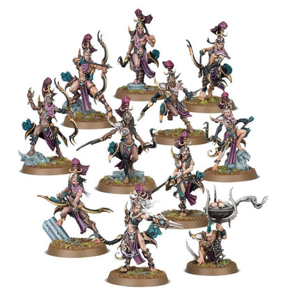 Blissbarb Archers - 10 modeli Hedonites of Slaanesh z łukami i szponami w fioletowych szatach plus Blissbrew Homonculus z kotłem czaszek - Warhammer Age of Sigmar