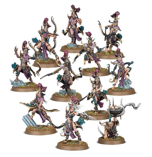 Blissbarb Archers - 10 modeli Hedonites of Slaanesh z łukami i szponami w fioletowych szatach plus Blissbrew Homonculus z kotłem czaszek - Warhammer Age of Sigmar