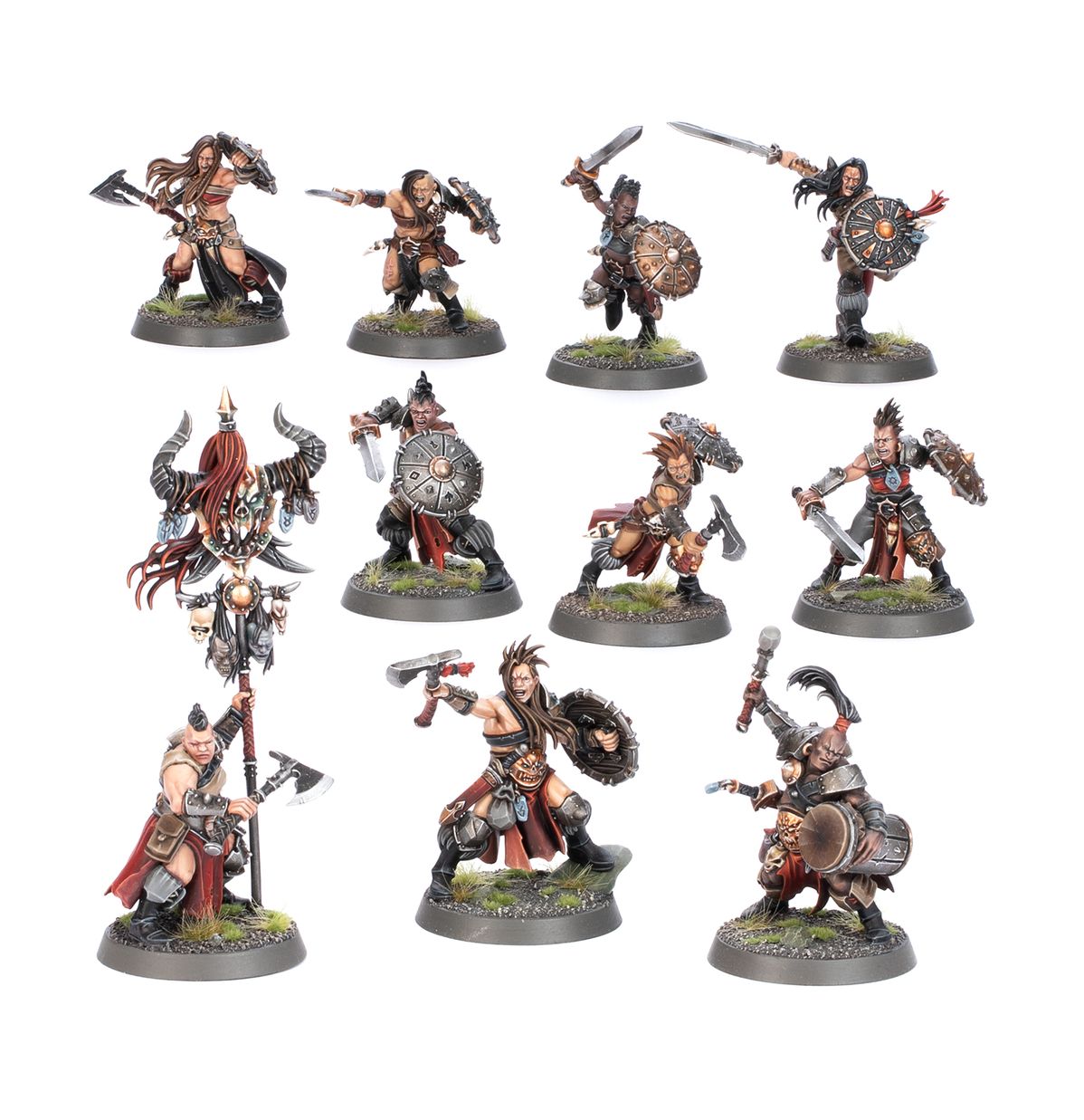 Darkoath Marauders - 10 pomalowanych modeli Slaves to Darkness w skórzanych i metalowych zbrojach z siekierami, mieczami i tarczami, zróżnicowane pozy i fryzury, chorąży z demonicznym totemem z czaszkami i rogami - Warhammer Age of Sigmar