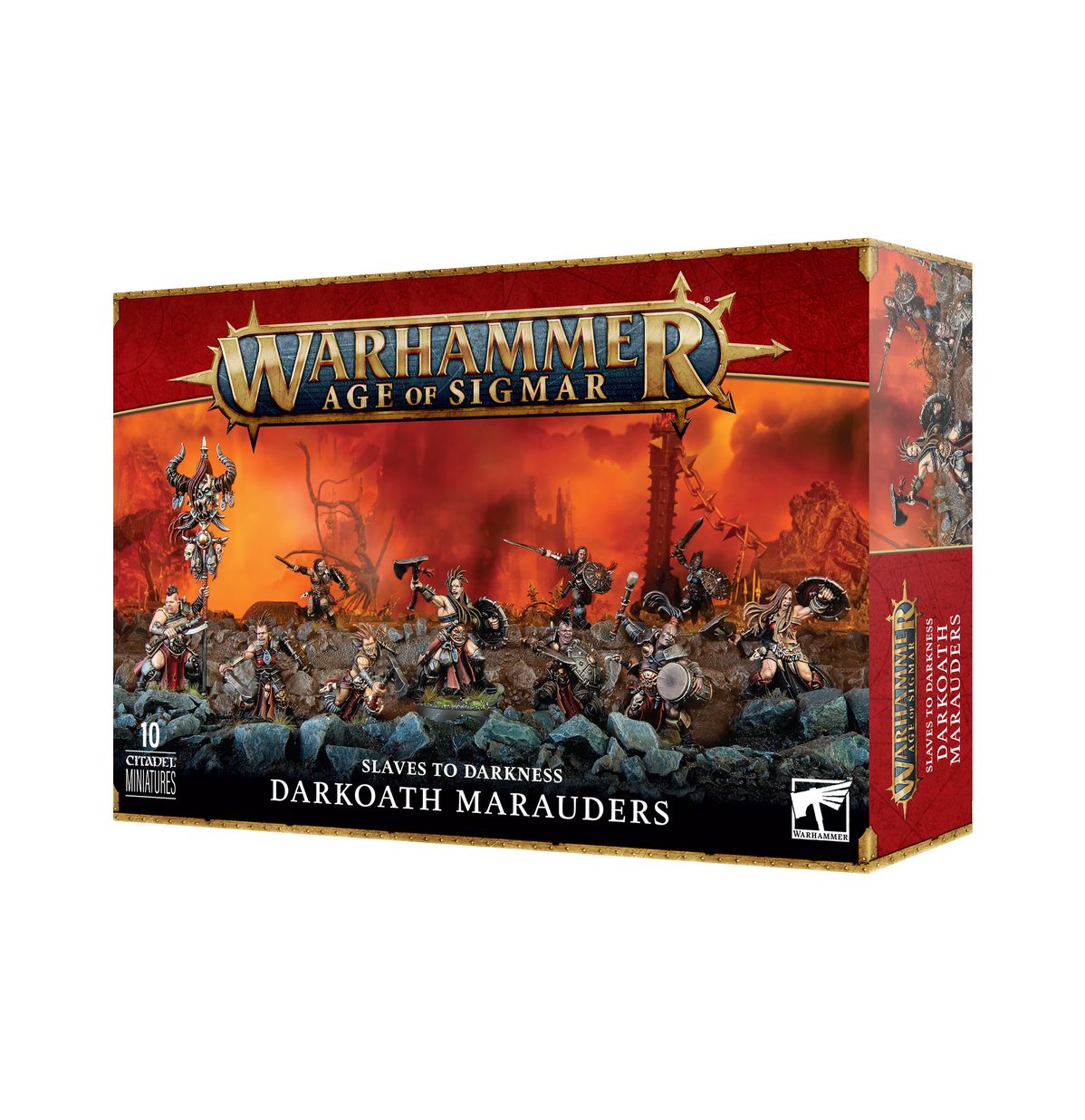 Slaves to Darkness Darkoath Marauders - pudełko zestawu 10 miniatur Warhammer Age of Sigmar z hordą najezdników w skórzanych zbrojach z siekierami, włóczniami i chorągwią z demonicznym totemem na tle płonącego pola bitwy, złota ramka z logo Warhammer Age of Sigmar, napis 10 Citadel Miniatures Slaves to Darkness Darkoath Marauders