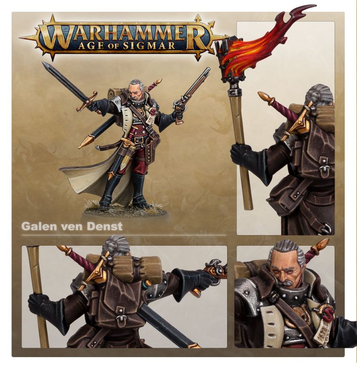 Galen ven Denst – detale modelu z pistoletem i pochodnią – Warhammer Age of Sigmar