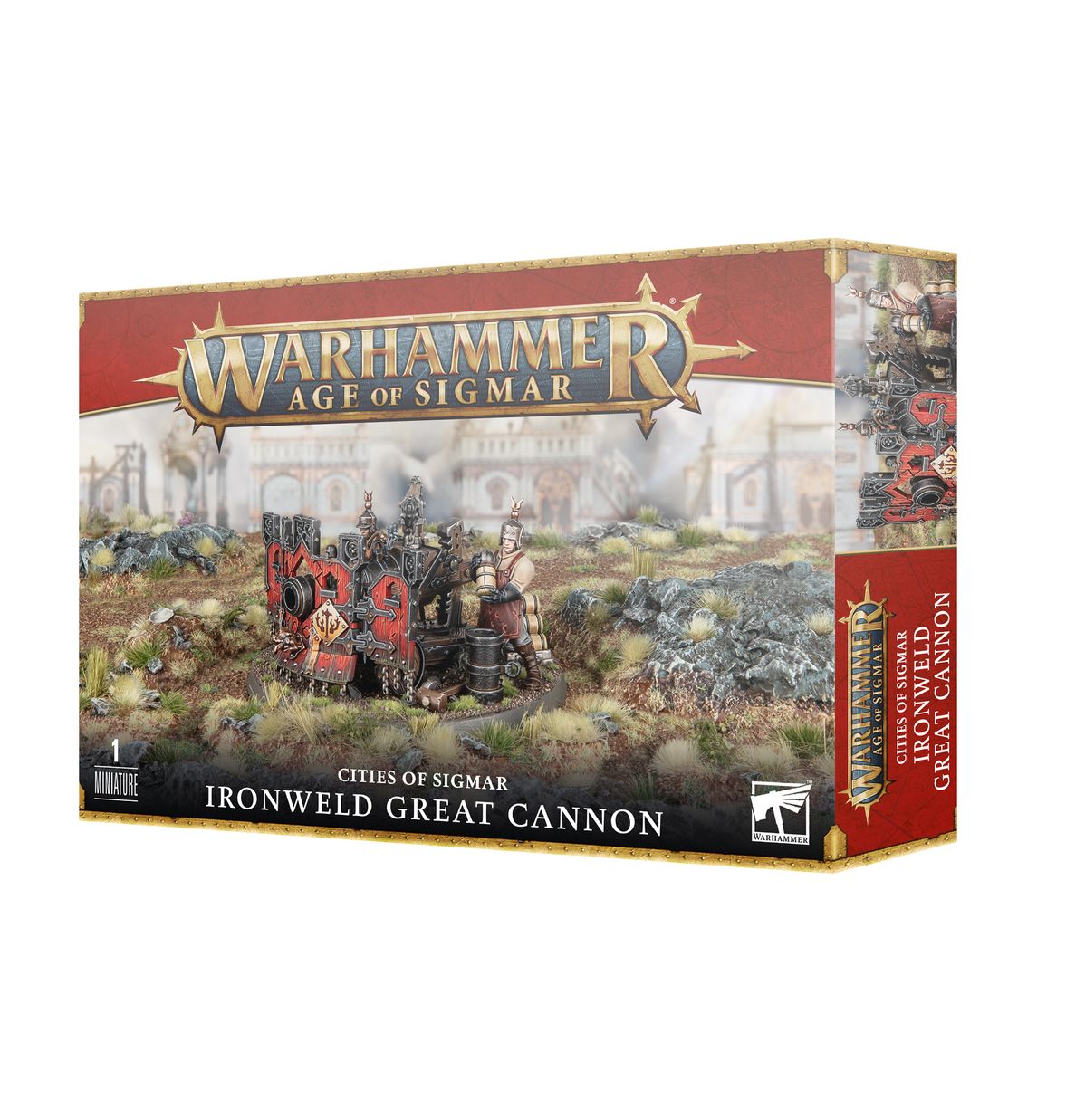 Cities of Sigmar Ironweld Great Cannon - pudełko zestawu 1 miniatury Warhammer Age of Sigmar z armatą na drewnianej platformie z czerwonymi panelami i obsługą na tle ruin miasta, złota ramka z logo Warhammer Age of Sigmar, napis 1 Miniature Cities of Sigmar Ironweld Great Cannon
