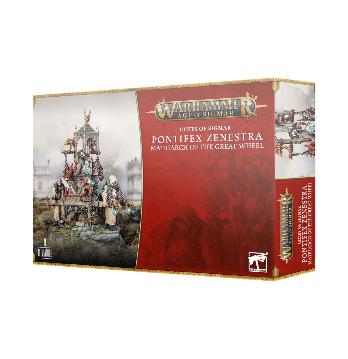 Cities of Sigmar Pontifex Zenestra Matriarch of the Great Wheel - pudełko zestawu 1 miniatury Warhammer Age of Sigmar z kapłanką na palankinie na czerwono-złotym tle, logo Warhammer Age of Sigmar i napis 1 Miniature