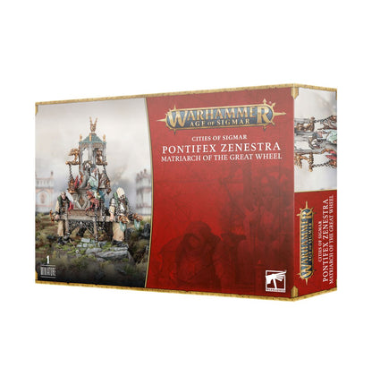 Cities of Sigmar Pontifex Zenestra Matriarch of the Great Wheel - pudełko zestawu 1 miniatury Warhammer Age of Sigmar z kapłanką na palankinie na czerwono-złotym tle, logo Warhammer Age of Sigmar i napis 1 Miniature
