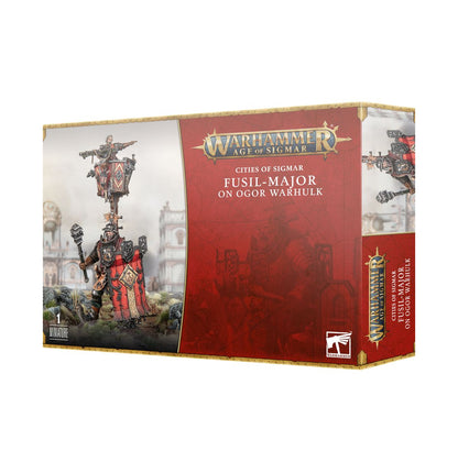 Cities of Sigmar Fusil-Major on Ogor Warhulk - pudełko zestawu 1 miniatury Warhammer Age of Sigmar z Ogorem dźwigającym wieżyczkę obserwacyjną na czerwono-złotym tle, logo Warhammer Age of Sigmar, napis 1 Miniature Cities of Sigmar Fusil-Major on Ogor Warhulk