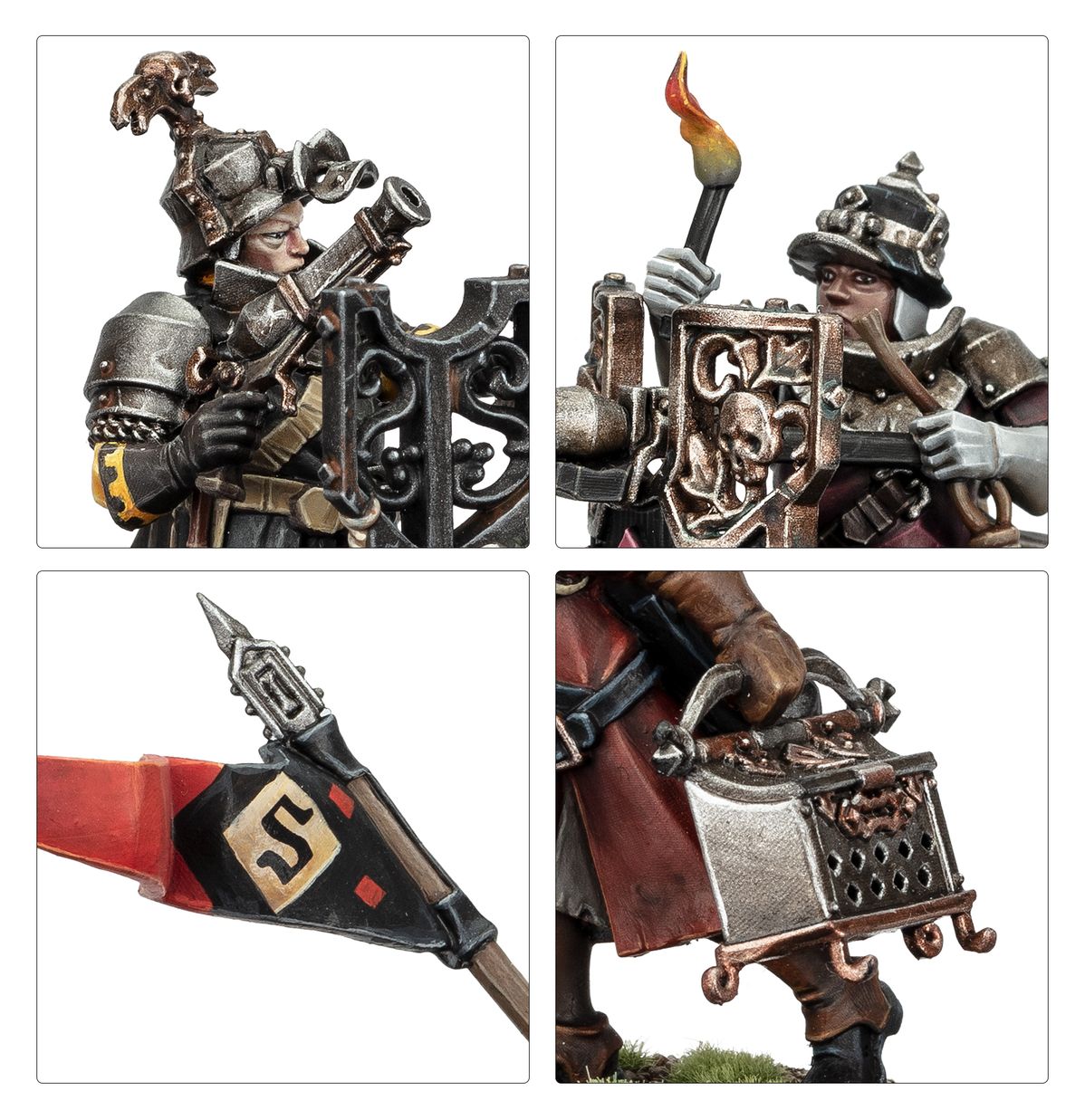 Freeguild Fusiliers detale - kolaż 4 ujęć: Fusil-Sergeant w srebrnym hełmie z miedzianym niedźwiedziem celujący z fusil-cannon (górny lewy), Blackpowder Squire w srebrnym hełmie trzymający pochodnię i czarną tarczę z czaszką (górny prawy), detal czarno-czerwonej chorągwi z literą S w złotym diamencie na ostrzu drzewca (dolny lewy), detal miedzianej skrzynki na proch z ażurowym wzorem i haczykami (dolny prawy) - Warhammer Age of Sigmar