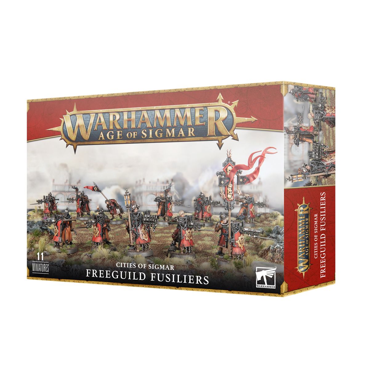 Cities of Sigmar Freeguild Fusiliers - pudełko zestawu 11 miniatur Warhammer Age of Sigmar z linią ognia Fusilierów w czerwonych płaszczach z fusil-cannons i chorągwią na tle dymu bitewnego, złota ramka z logo Warhammer Age of Sigmar, napis 11 Miniatures Cities of Sigmar Freeguild Fusiliers