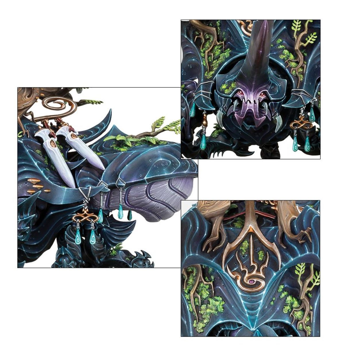 Wardroth Beetle Sylvaneth - plansza 3 zbliżenia: głowa chrząszcza fioletowa maska czarny róg turkusowe wisiorki; siodło z białymi kłami i złotym ornamentem; brzuch chrząszcza czarno-niebieski z turkusowym ornamentem i zielonymi liśćmi Age of Sigmar