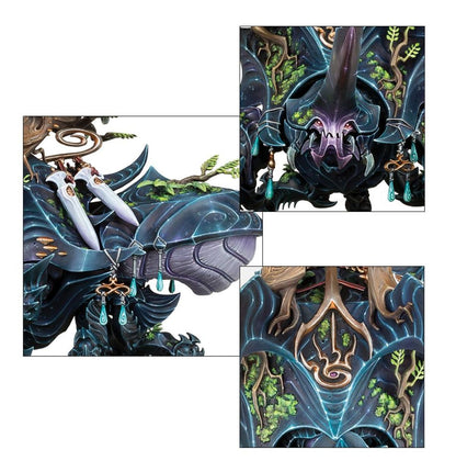 Wardroth Beetle Sylvaneth - plansza 3 zbliżenia: głowa chrząszcza fioletowa maska czarny róg turkusowe wisiorki; siodło z białymi kłami i złotym ornamentem; brzuch chrząszcza czarno-niebieski z turkusowym ornamentem i zielonymi liśćmi Age of Sigmar