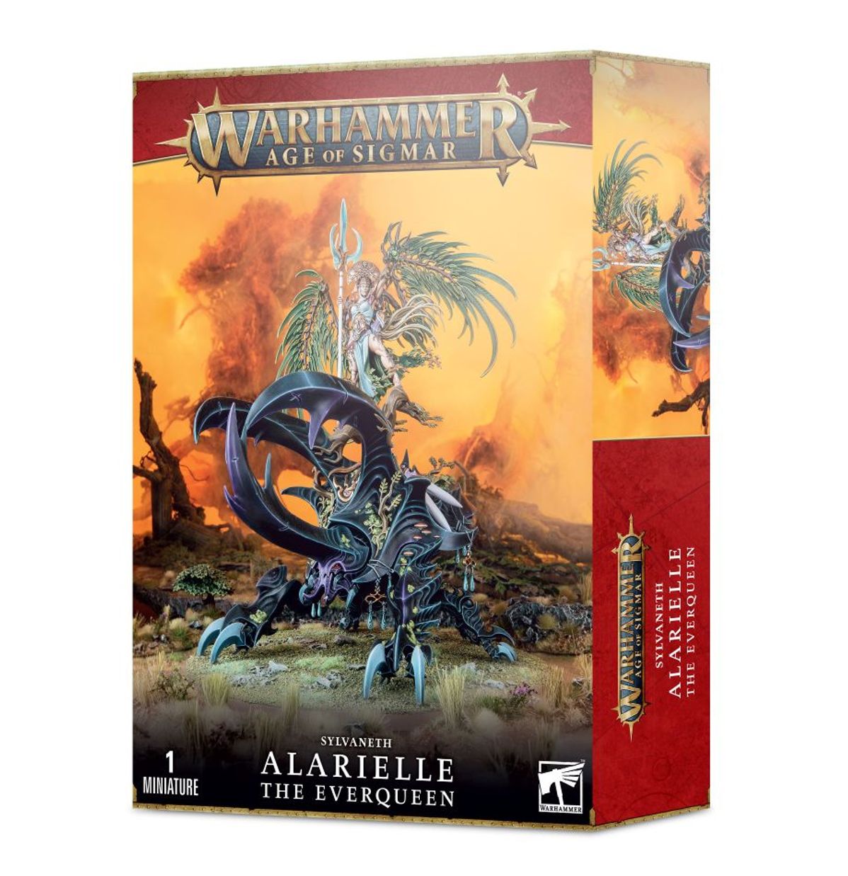 Alarielle the Everqueen - pudełko Warhammer Age of Sigmar Sylvaneth czerwono-złote 1 Miniature bogini na wardroth beetle pomarańczowe tło Games Workshop