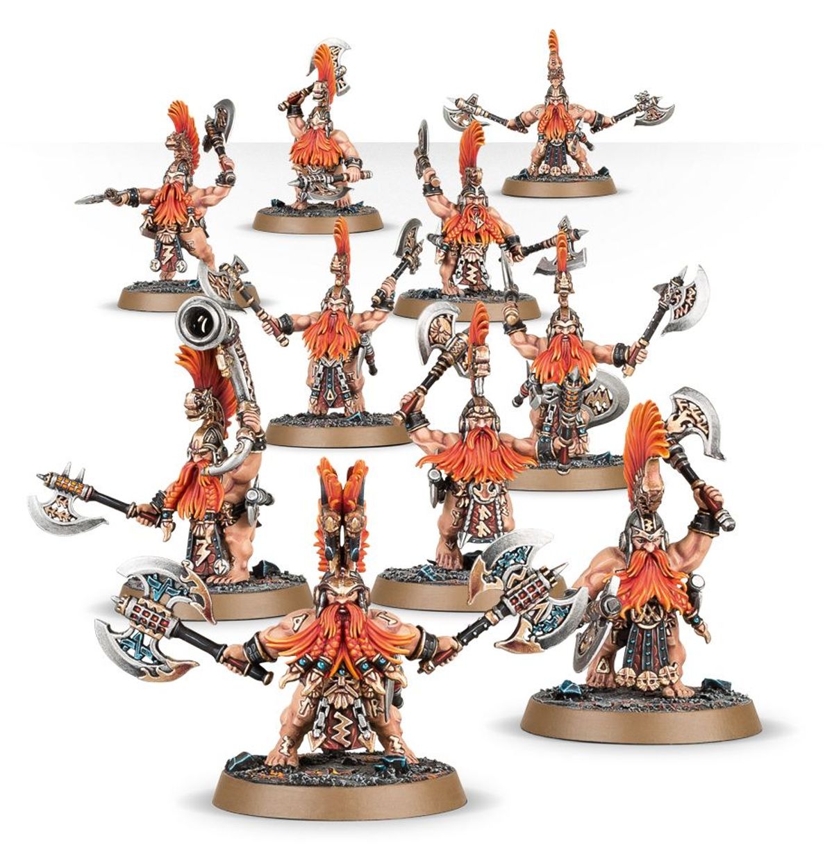 Vulkite Berzerkers - 10 modeli Fyreslayers z rudymi brodami i pomarańczowymi grzywami, skóra z runami ur-złota, uzbrojeni w siekiery fyresteel i war-picks, dynamiczne pozy ataku - Warhammer Age of Sigmar
