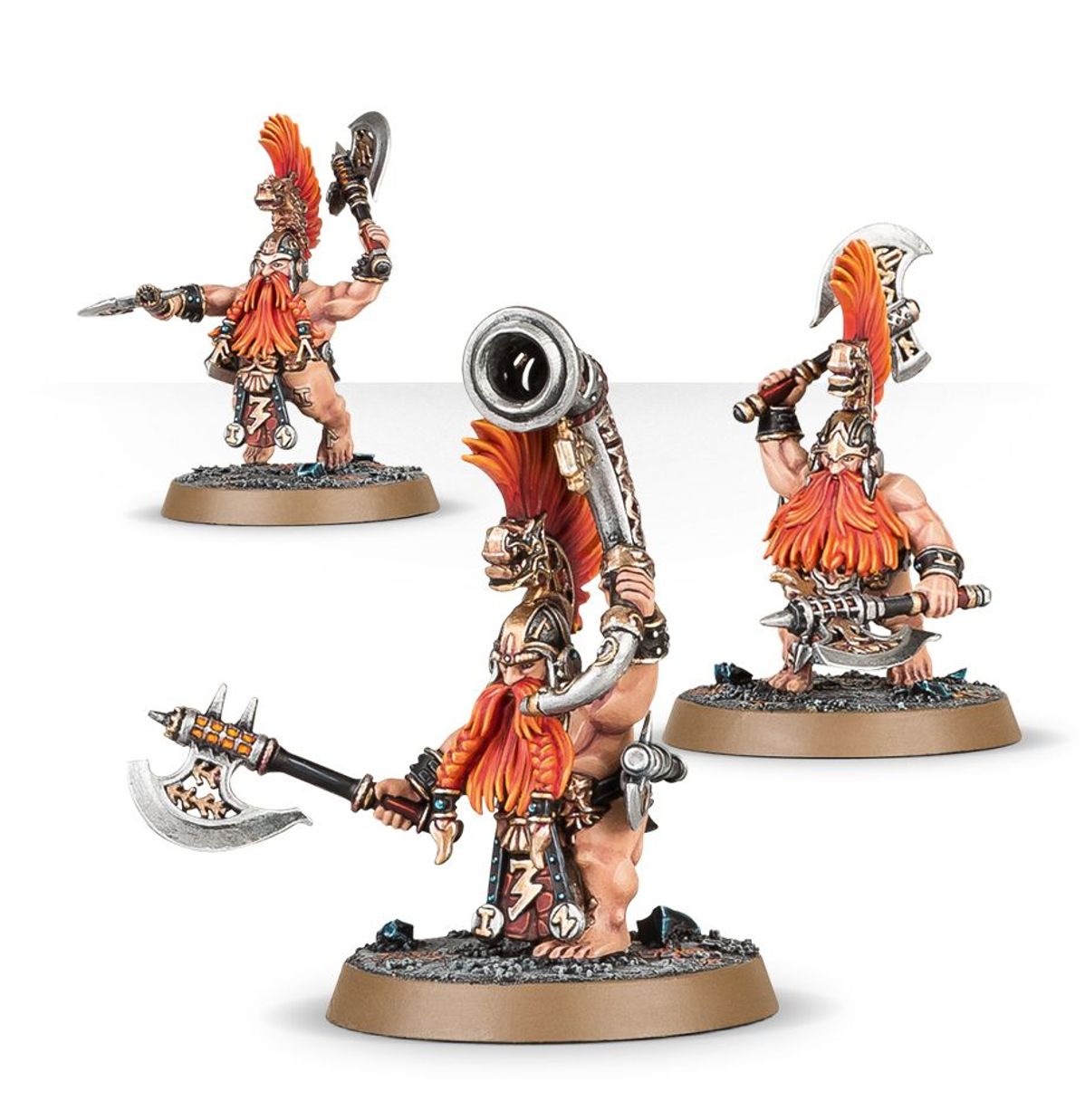 Vulkite Berzerkers warianty - 3 modele: Fyreslayer z war-pickiem i lufą armaty na ramieniu, Fyreslayer z siekierą i war-pickiem w dynamicznej pozie, Fyreslayer z siekierą i tarczą bladed slingshield - Warhammer Age of Sigmar