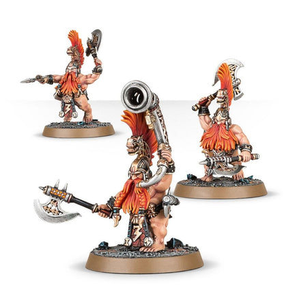 Vulkite Berzerkers warianty - 3 modele: Fyreslayer z war-pickiem i lufą armaty na ramieniu, Fyreslayer z siekierą i war-pickiem w dynamicznej pozie, Fyreslayer z siekierą i tarczą bladed slingshield - Warhammer Age of Sigmar
