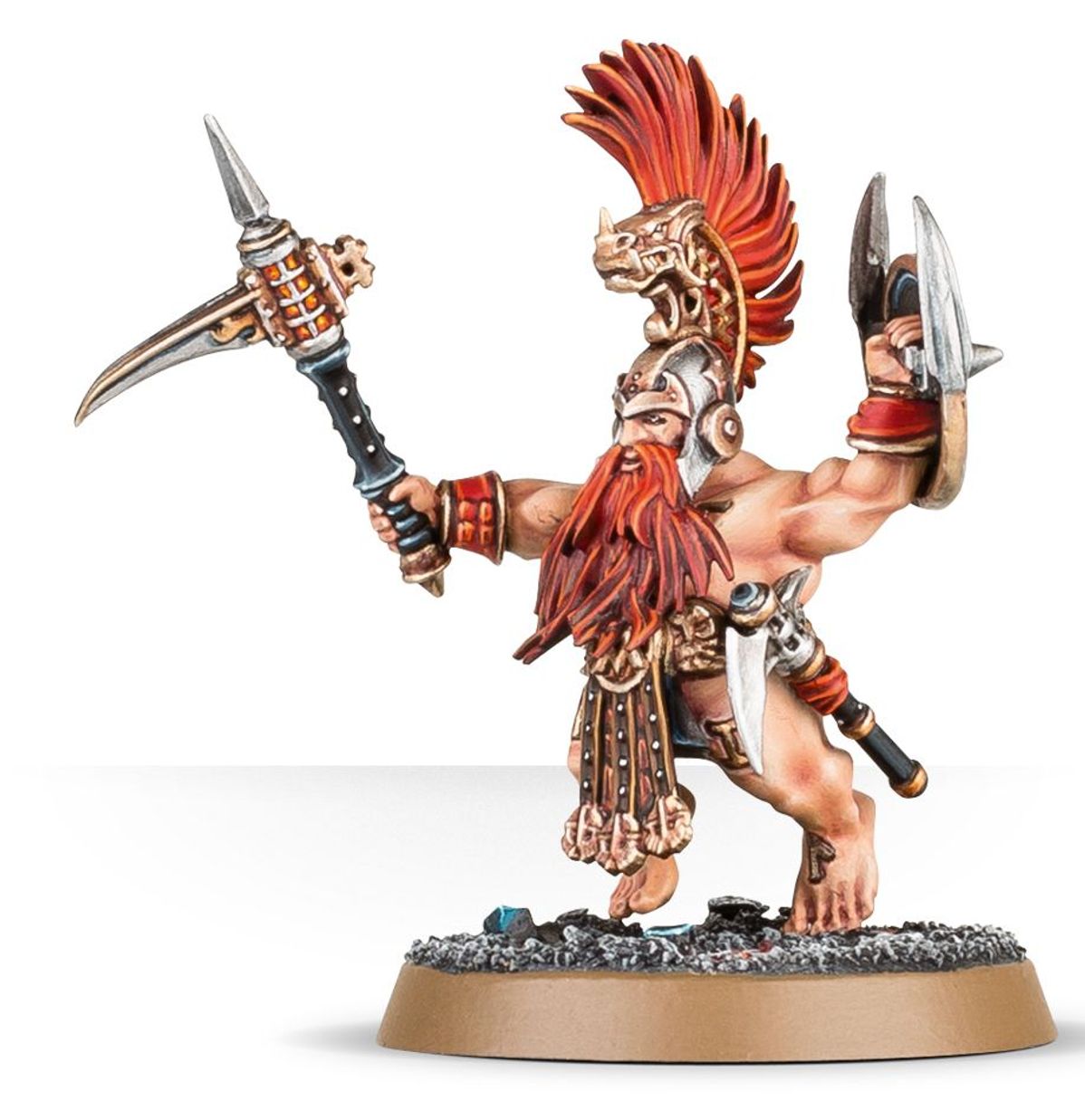 Vulkite Berzerker z Horn of Grimnir - Fyreslayer z pomarańczową grzywą unoszący war-pick i trzymający pistolet, dynamiczna poza biegu w lewo, runy ur-złota na skórze - Warhammer Age of Sigmar