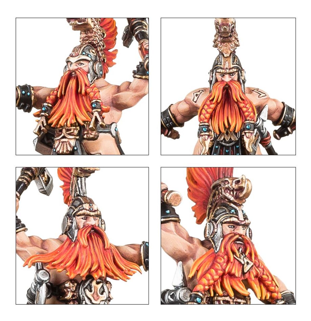 Vulkite Berzerkers warianty głów - kolaż 4 ujęć: głowa z rudą brodą i hełmem z czerwoną grzywą (lewy profil), głowa z rudą brodą i hełmem z czaszką byka (frontalnie), głowa z rudą brodą i hełmem wikinga (lewy profil), głowa z rudą brodą i otwartą paszczą w hełmie z czaszką (prawy profil) - Warhammer Age of Sigmar