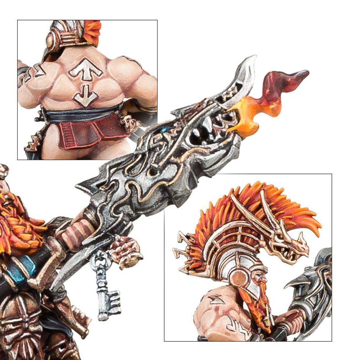 Auric Hearthguard detale - kolaż 3 ujęć: runy ur-złota na plecach Fyreslayera (strzałki w górę i dół) z czerwonym pasem (górny lewy), detal magmapike z głową smoka z niebieskim klejnotem i płonącą czerwoną flagą oraz kluczem na łańcuszku (środkowy), głowa Fyreslayera w hełmie smoka z pomarańczowym mohawkiem i runą na klatce piersiowej (dolny prawy) - Warhammer Age of Sigmar
