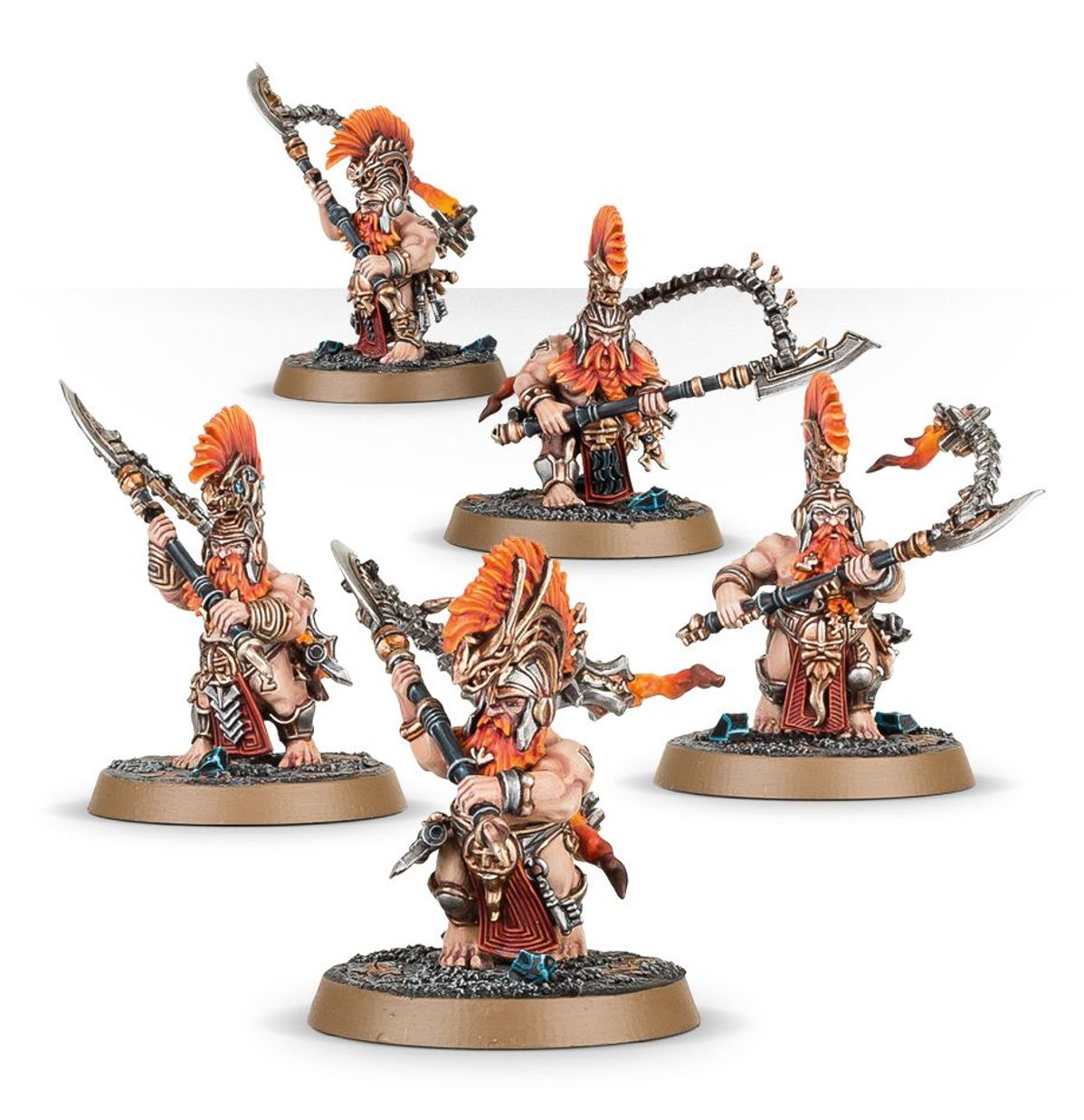 Hearthguard Berzerkers - 5 modeli Fyreslayers z pomarańczowymi mohawkami i rudymi brodami, skóra z runami ur-złota, uzbrojeni w flamestrike poleaxe z łańcuchem i płonącym kadzielnikiem, brązowe podstawki owalne - Warhammer Age of Sigmar
