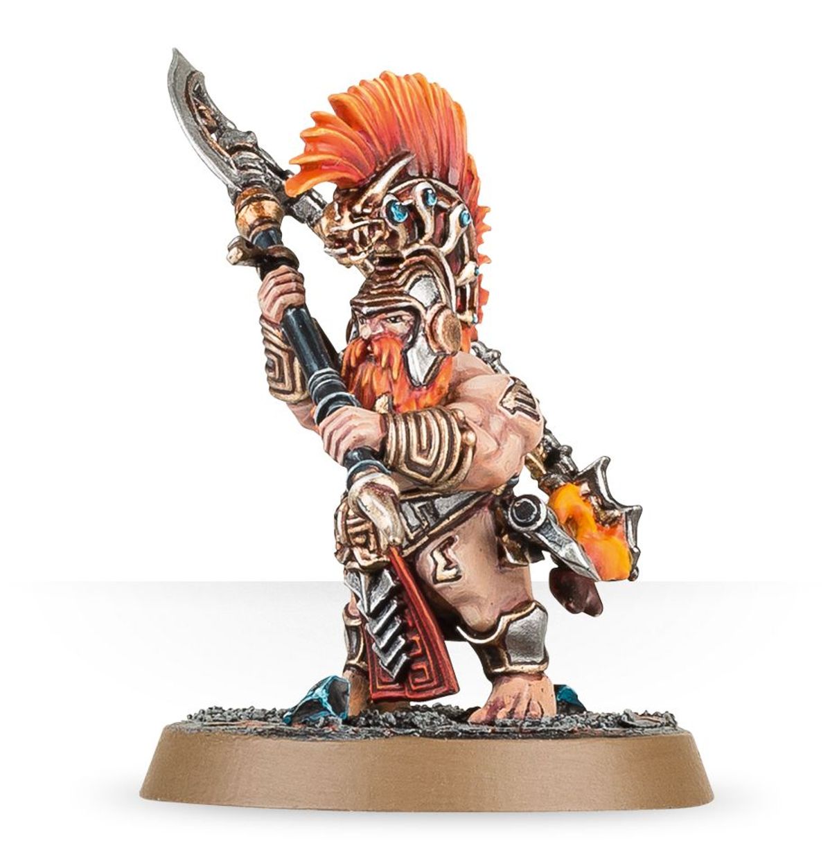Hearthguard Berzerker z broadaxe - Fyreslayer z rudą brodą w hełmie smoka z pomarańczowym mohawkiem, unosi dwuręczną berzerker broadaxe w górę, runy ur-złota na klatce piersiowej i ramionach - Warhammer Age of Sigmar