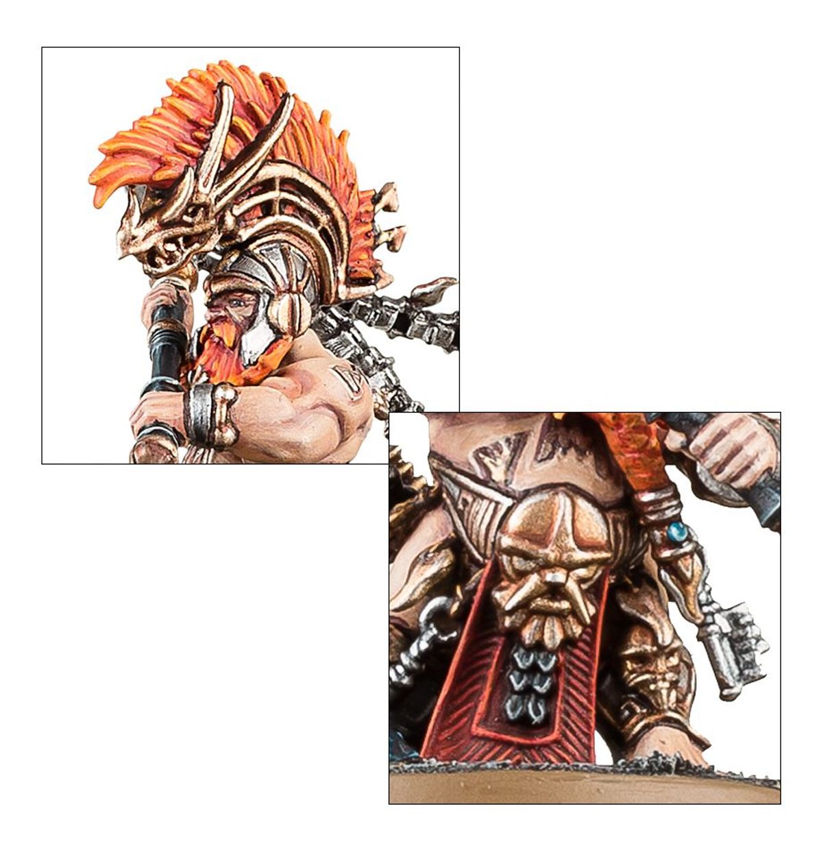 Hearthguard Berzerkers detale - kolaż 2 ujęć: głowa Fyreslayera w hełmie smoka z pomarańczowym mohawkiem i rudą brodą trzymającego drzewce poleaxe (górne), detal złoto-brązowej napierstnicy z twarzą Grimnira i niebieskim klejnotem przy czerwonej szarfie (dolne) - Warhammer Age of Sigmar