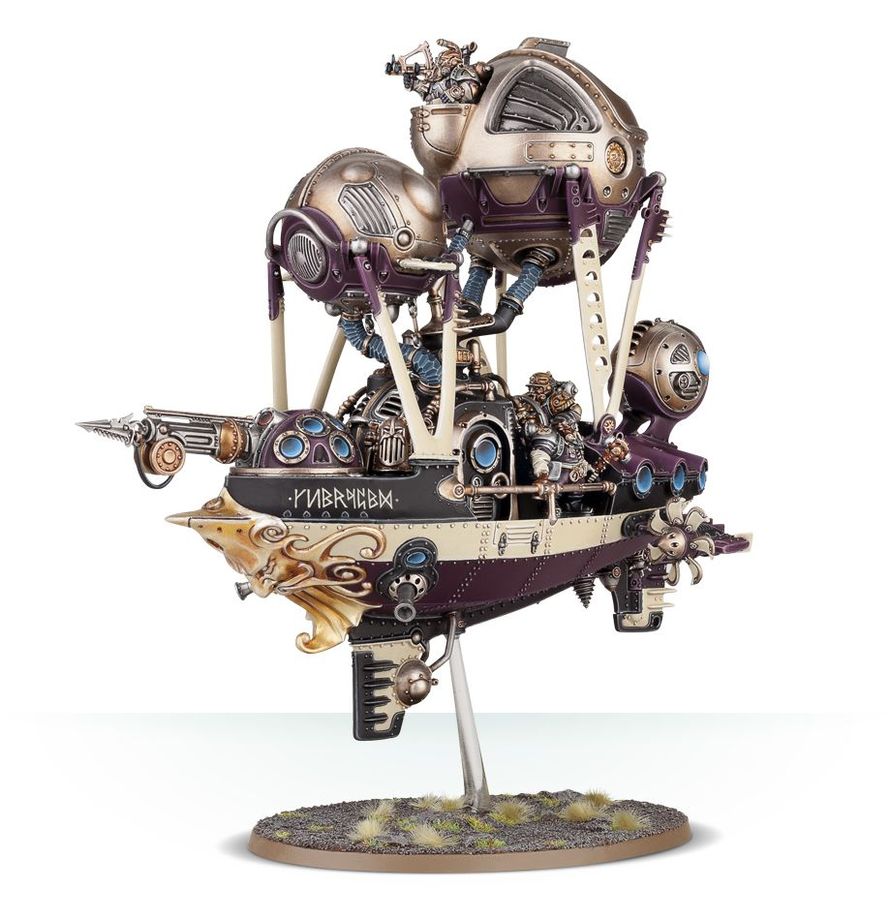 Arkanaut Frigate - widok z lewej z ciężką armatą niebieską dziobem i załogą Kharadron