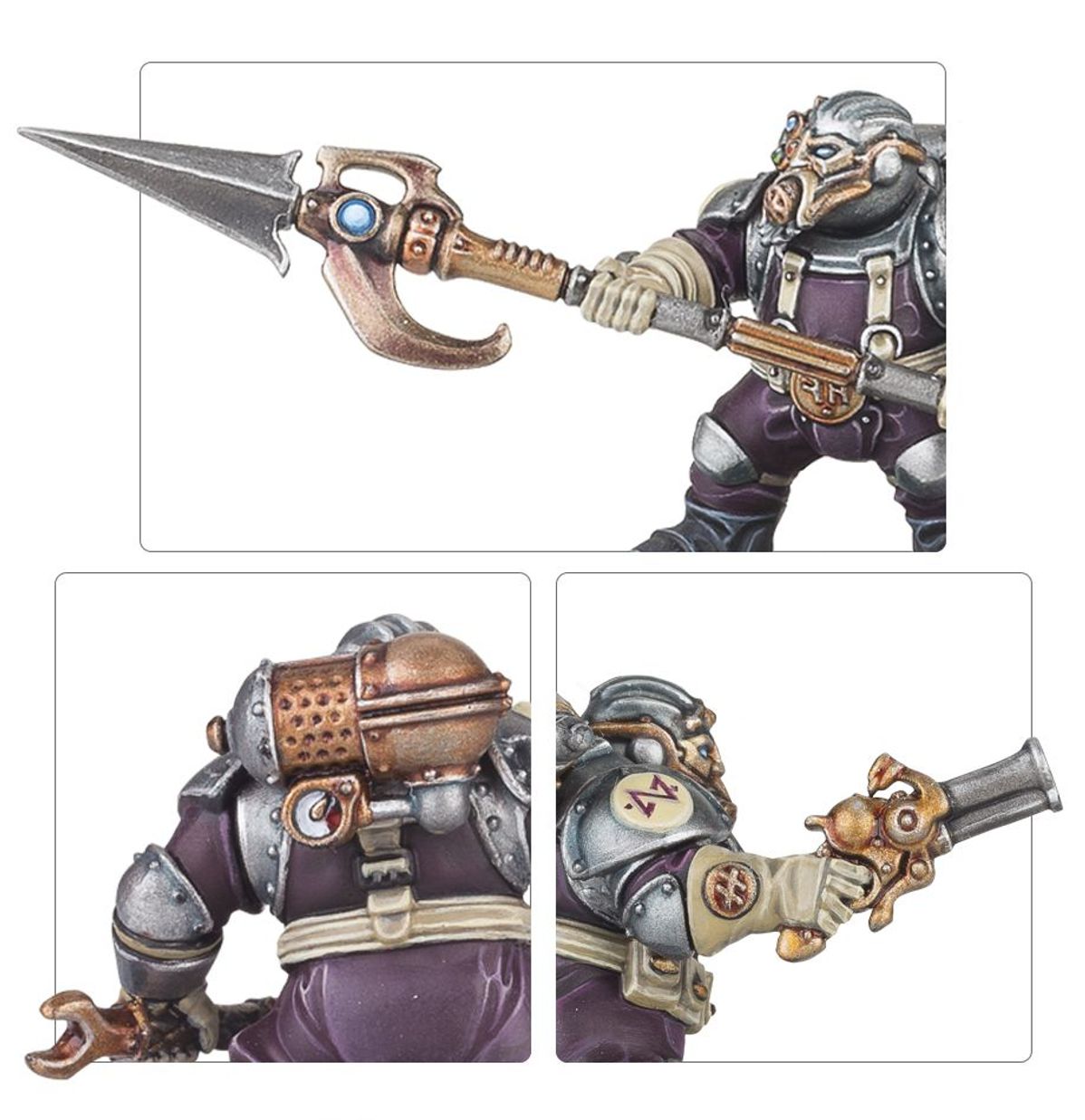 Arkanaut Company - kolaż 3 detali: light skyhook z niebieskim klejnotem, plecak z miedzianym zbiornikiem, privateer pistol z runą - Warhammer Age of Sigmar