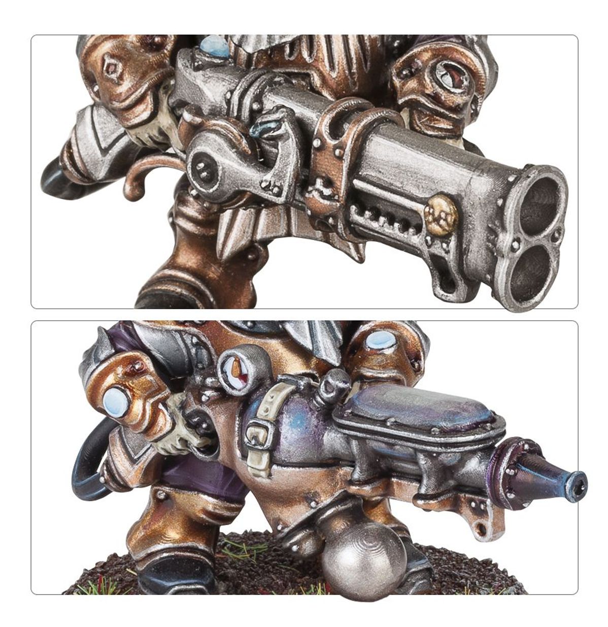 Grundstok Thunderers detale broni - kolaż 2 ujęć: detal decksweeper z 3 lufami i brązowym mechanizmem, detal aetheric fumigator z fioletowym zbiornikiem i niebieską lufą - Warhammer Age of Sigmar