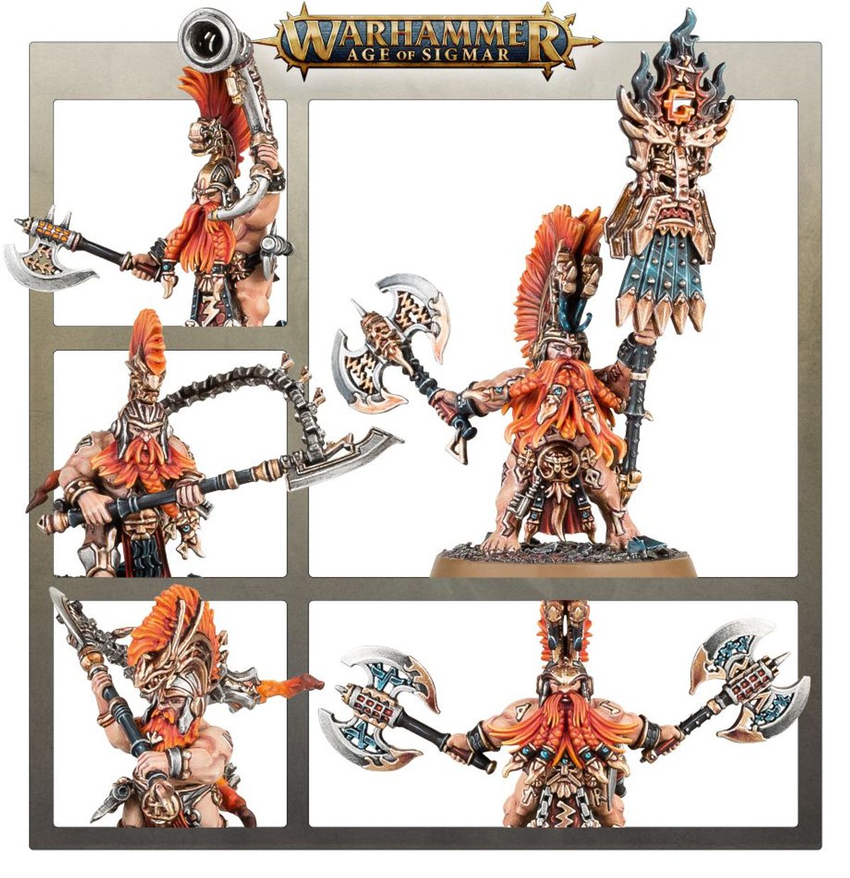 Spearhead Fyreslayers - plansza 5 kadrów: Battlesmith z ikoną Grimnira; Vulkite Berzerker z piłą łańcuchową; Hearthguard Berzerker z siekierą; zbliżenie hełmu z rogami; Vulkite Berzerker z dwiema siekierami Age of Sigmar