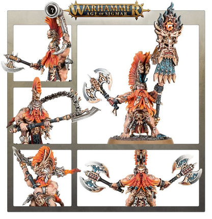 Spearhead Fyreslayers - plansza 5 kadrów: Battlesmith z ikoną Grimnira; Vulkite Berzerker z piłą łańcuchową; Hearthguard Berzerker z siekierą; zbliżenie hełmu z rogami; Vulkite Berzerker z dwiema siekierami Age of Sigmar