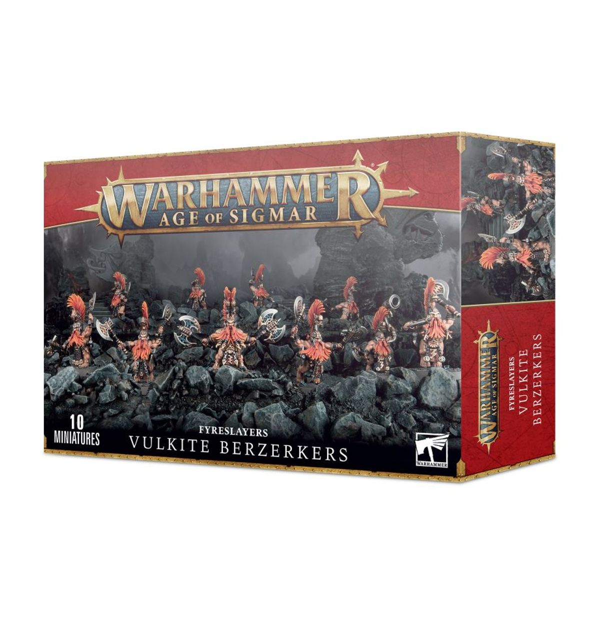 Fyreslayers Vulkite Berzerkers - pudełko zestawu 10 miniatur Warhammer Age of Sigmar z hordą Fyreslayerów z siekierami i grzywami na tle skalistych ruin, czerwony pasek z logo Warhammer Age of Sigmar