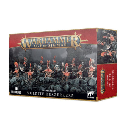Fyreslayers Vulkite Berzerkers - pudełko zestawu 10 miniatur Warhammer Age of Sigmar z hordą Fyreslayerów z siekierami i grzywami na tle skalistych ruin, czerwony pasek z logo Warhammer Age of Sigmar