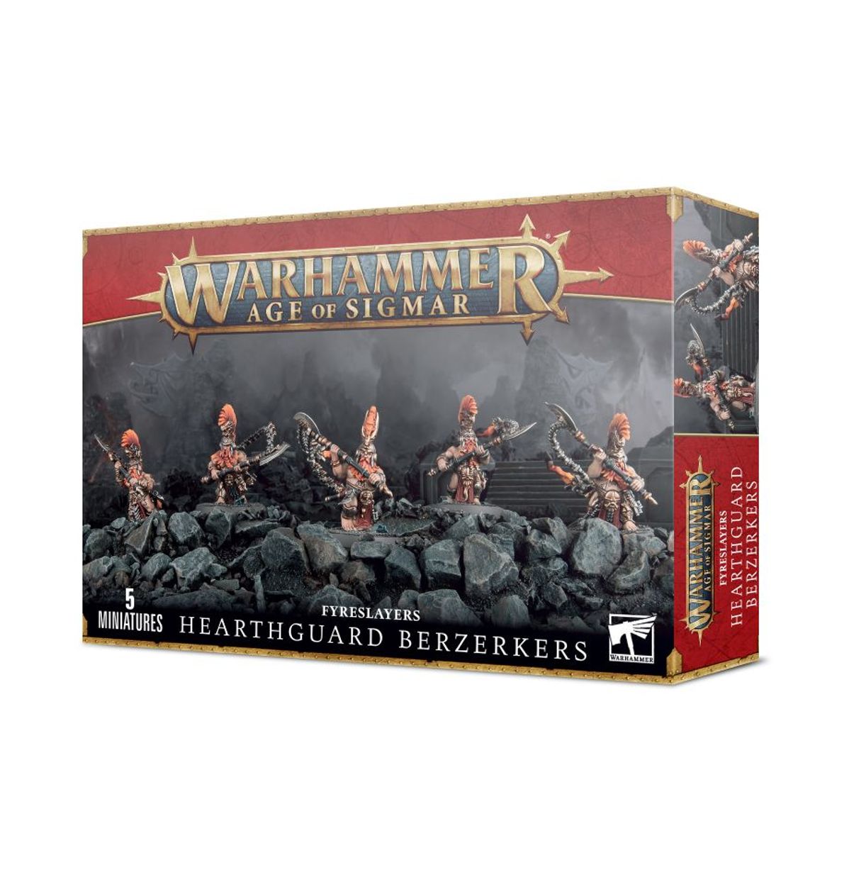 Fyreslayers Hearthguard Berzerkers - pudełko zestawu 5 miniatur Warhammer Age of Sigmar z Hearthguard Berzerkerami z flamestrike poleaxe na tle skalistych ruin, czerwony pasek z logo Warhammer Age of Sigmar