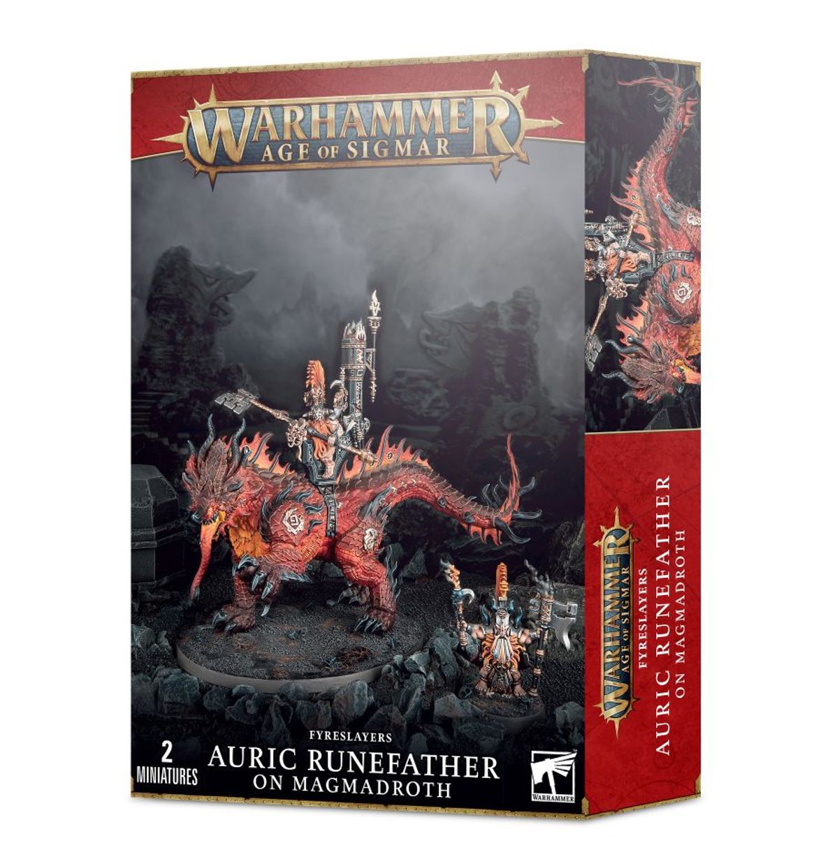 Auric Runefather on Magmadroth - pudełko Warhammer Age of Sigmar Fyreslayers czerwono-czarne 2 Miniatures magmadroth z jeźdźcem i pieszy duardin ciemne tło Games Workshop