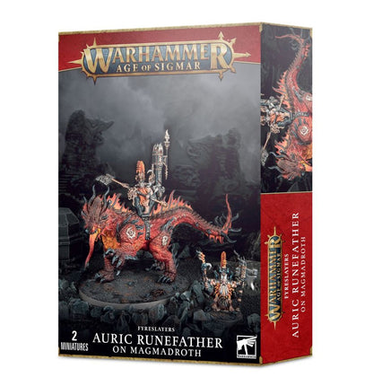 Auric Runefather on Magmadroth - pudełko Warhammer Age of Sigmar Fyreslayers czerwono-czarne 2 Miniatures magmadroth z jeźdźcem i pieszy duardin ciemne tło Games Workshop
