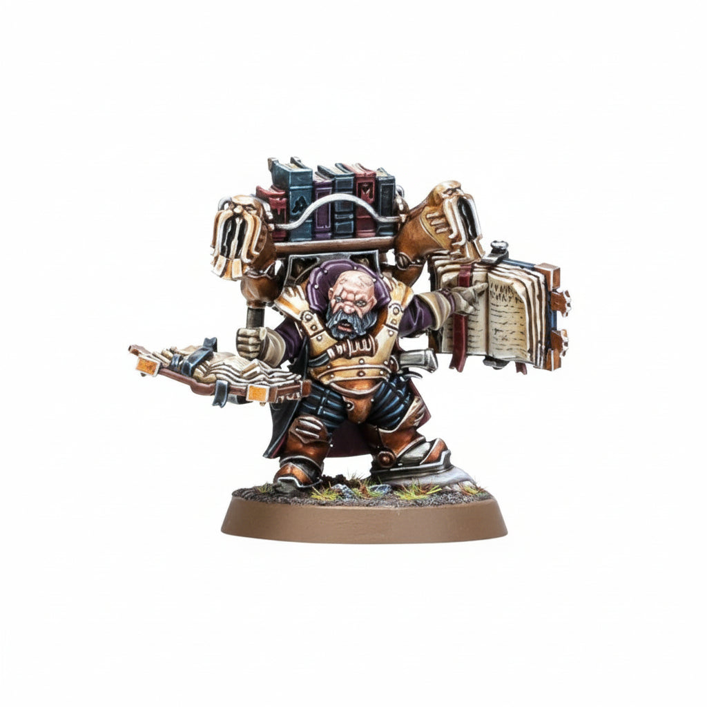 Codewright Kharadron Overlords - widok z przodu: łysy krasnolud z siwą brodą w czarno-złotej zbroi z brązowymi spodniami, na plecach masywny mechaniczny aparat ledgerdomain z półką pełną ksiąg w granatowo-złotych okładkach i głośnikiem, w prawej ręce pistolet aethershot z pomarańczowymi kryształami, w lewej ręce otwarta księga z runami, okrągła podstawka z trawą - Warhammer Age of Sigmar