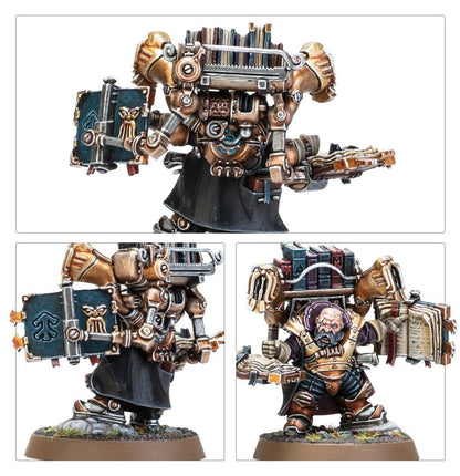 Codewright Kharadron Overlords - kolaż detali: detal górny aparatu ledgerdomain z brązowo-złotymi ramionami mechanicznymi, głośnikiem i półką z granatowymi księgami (górny), detal tylny aparatu z granatową księgą z wytłoczonym symbolem i mechanicznymi ramionami (dolny lewy), detal twarzy łysego krasnoluda z siwą brodą i otwartą księgą z runami w lewej ręce (dolny prawy) - Warhammer Age of Sigmar