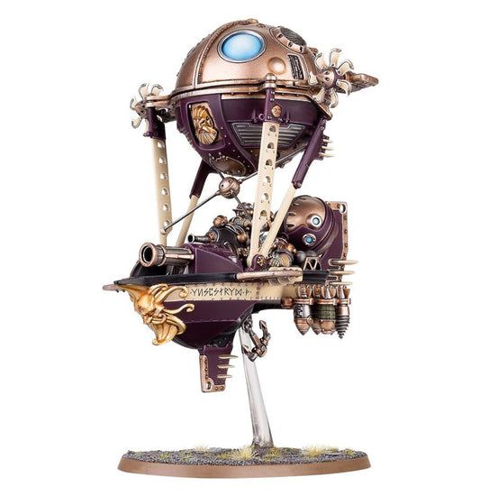 Grundstok Gunhauler Kharadron Overlords - zbliżenie gondoli fioletowa burta złota maska duardina sky cannon pilot w hełmie bomby na rack'u kotwica runy Age of Sigmar