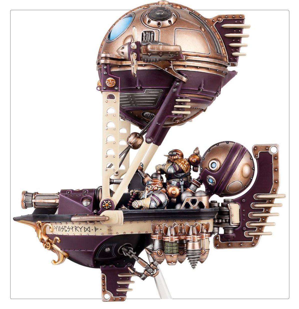 Grundstok Gunhauler Kharadron Overlords - widok z przodu dwa śmigła boczne buoyancy endrin złota maska duardina strzelec w gondoli sky cannon złoty dziób owalna podstawka Age of Sigmar