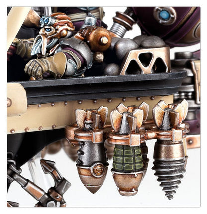 Grundstok Gunhauler Kharadron Overlords - zbliżenie bomb rack trzy bomby miedziano-szare granat zielony śruba wiertła kotwica pilot w hełmie z goglami Age of Sigmar