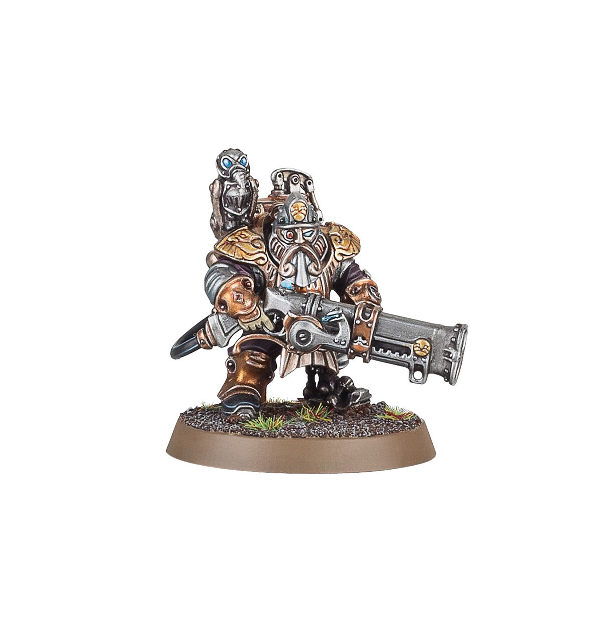 Grundstok Thunderers Gunnery Sergeant wariant - krasnoludzki champion z drillbill na ramieniu i złotymi naramienniki z ornamentami słonia trzymający podwójną lufę aethershot rifle, widok z przodu - Warhammer Age of Sigmar
