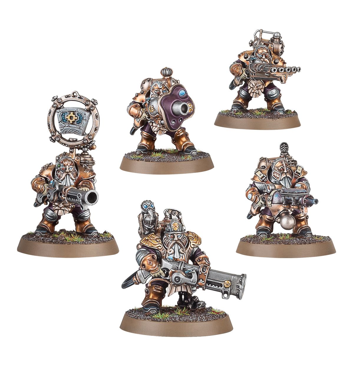 Grundstok Thunderers - 5 modeli Kharadron Overlords w brązowo-złotej zbroi z różnymi brońmi: Gunnery Sergeant z drillbill na ramieniu, strzelec z aethercannon i tarczą, strzelec z decksweeper, strzelec z fumigator, strzelec z moździerzem - Warhammer Age of Sigmar