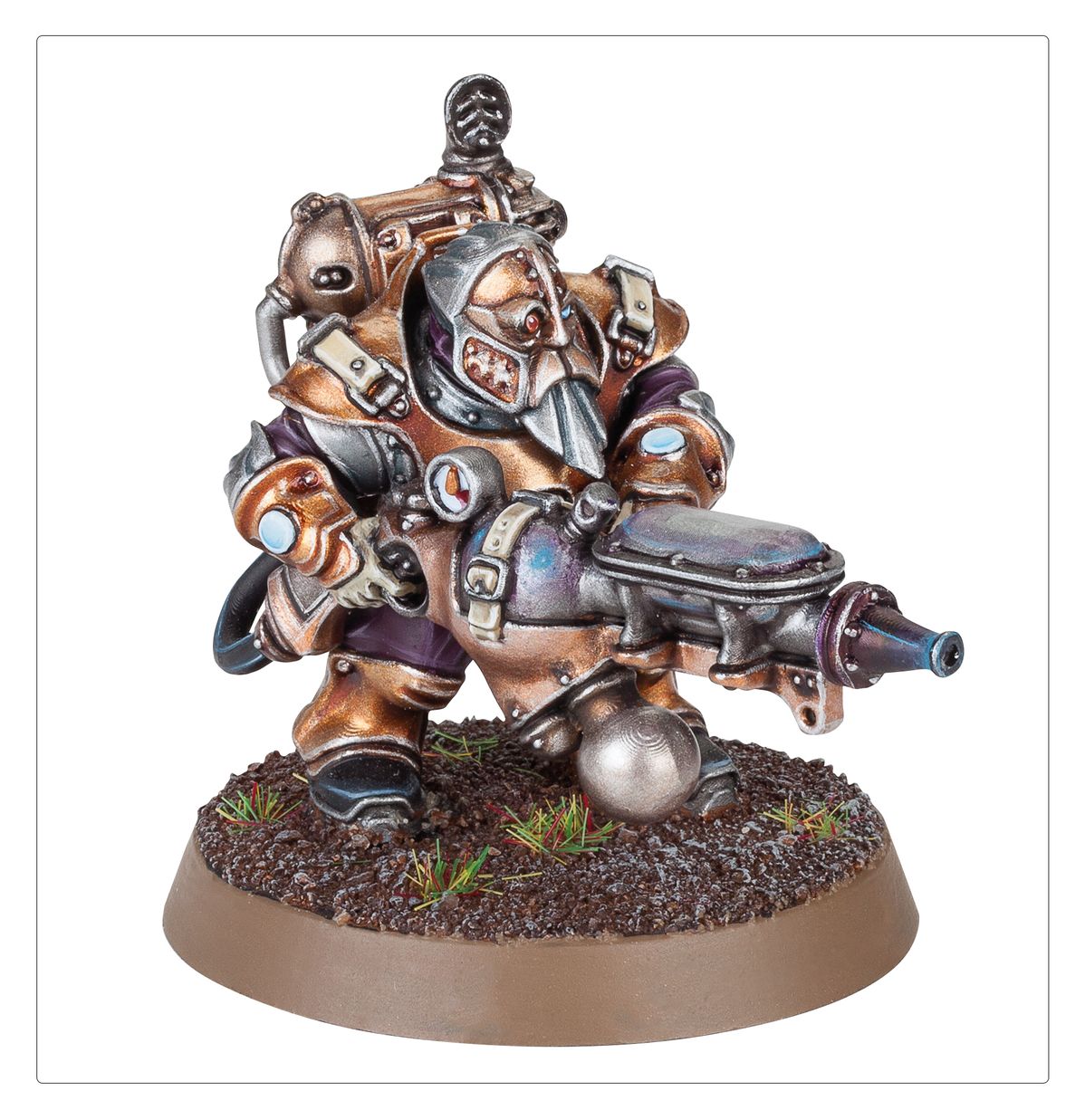 Grundstok Thunderer z aethercannon - krasnoludzki strzelec w masywnej brązowej zbroi z plecakowym mechanizmem i dużą aethercannon z niebieskim otworem lufy - Warhammer Age of Sigmar