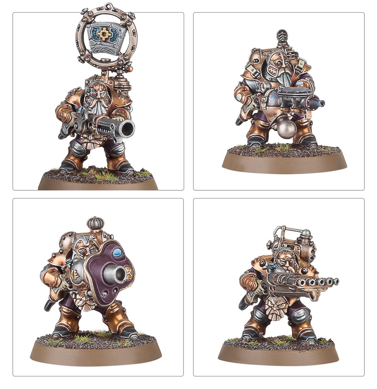 Grundstok Thunderers warianty broni - 4 modele: Honour Bearer z keystone na plecaku i aethershot rifle, Thunderer z moździerzem i bombą, Thunderer z aetheric fumigator (fioletowy zbiornik), Thunderer z decksweeper (5 luf) - Warhammer Age of Sigmar