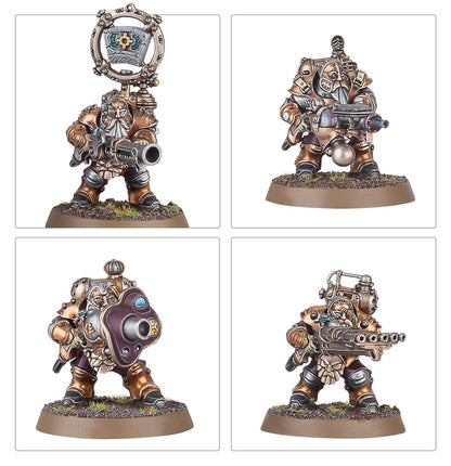 Grundstok Thunderers warianty broni - 4 modele: Honour Bearer z keystone na plecaku i aethershot rifle, Thunderer z moździerzem i bombą, Thunderer z aetheric fumigator (fioletowy zbiornik), Thunderer z decksweeper (5 luf) - Warhammer Age of Sigmar