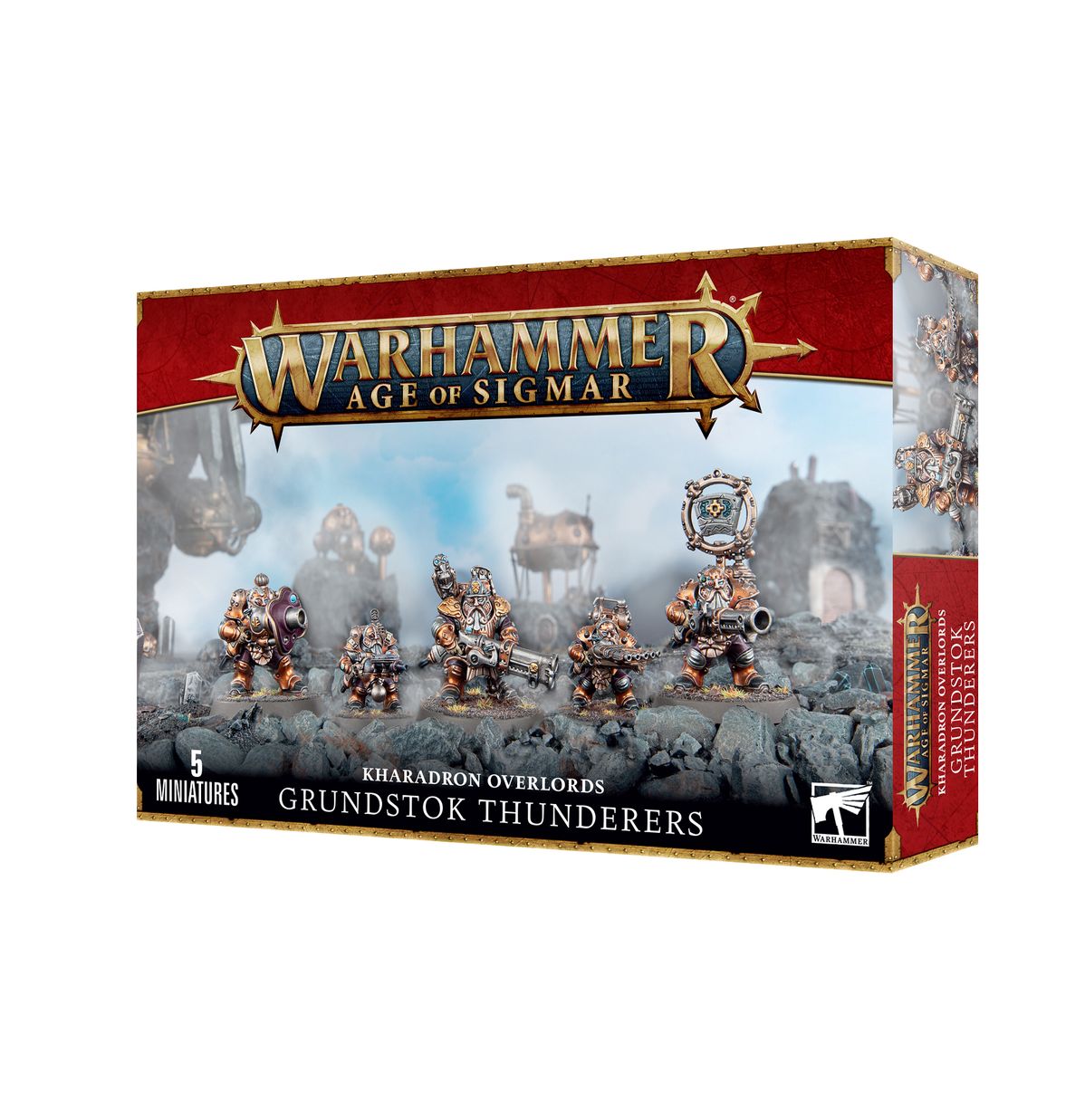 Kharadron Overlords Grundstok Thunderers - pudełko zestawu 5 miniatur Warhammer Age of Sigmar z Honour Bearerem z keystone i 4 Thundererami z różnymi brońmi na tle ruin