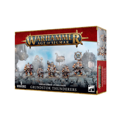 Kharadron Overlords Grundstok Thunderers - pudełko zestawu 5 miniatur Warhammer Age of Sigmar z Honour Bearerem z keystone i 4 Thundererami z różnymi brońmi na tle ruin