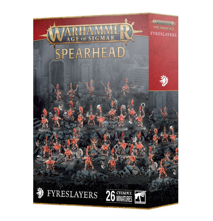 Spearhead Fyreslayers - pudełko Warhammer Age of Sigmar czerwone 26 Citadel Miniatures Fyreslayers Battlesmith Hearthguard Vulkite Berzerkers Games Workshop