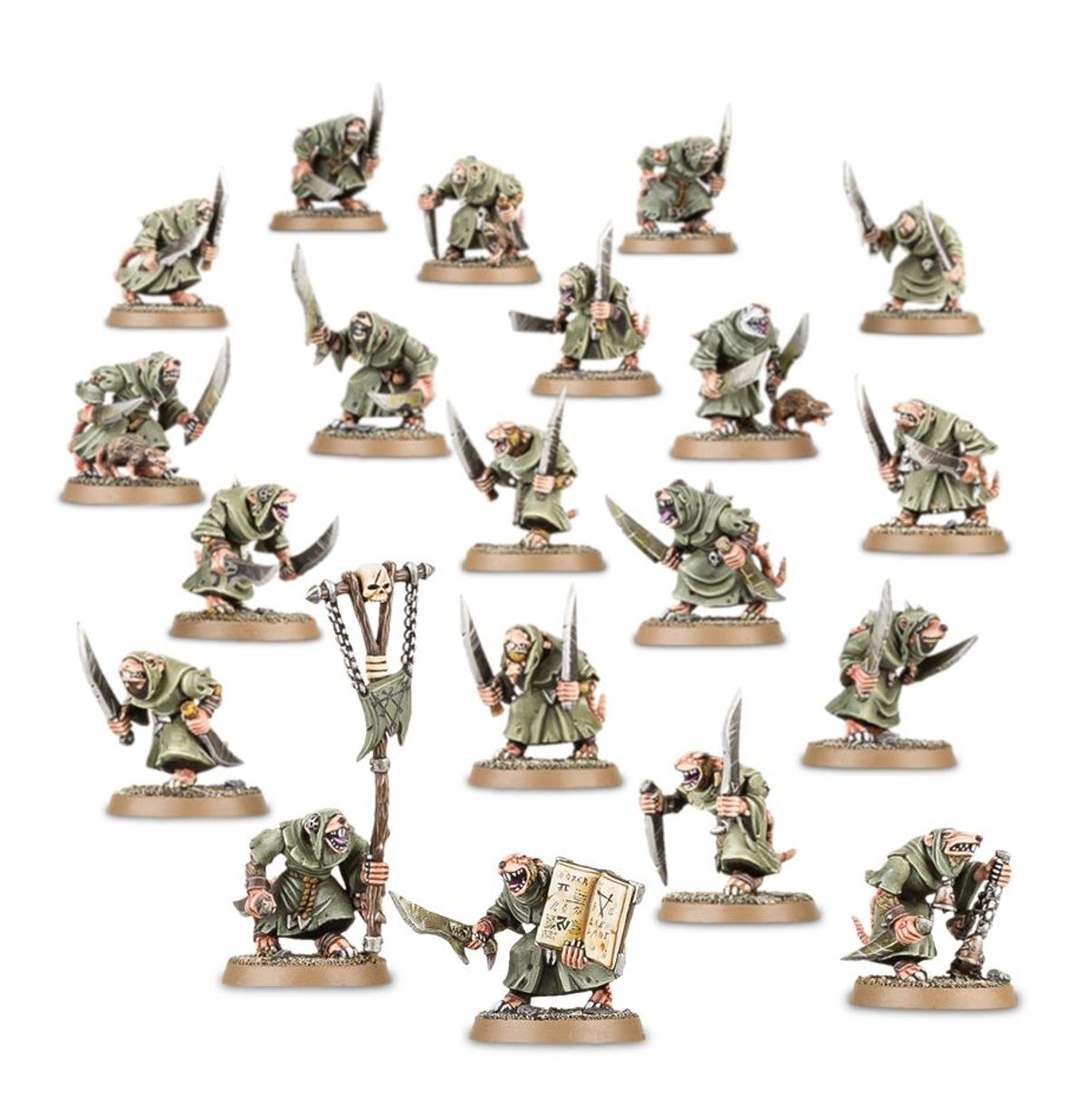 Plague Monks Skaven - 20 modeli w zielonych szatach z nożami i berłami, champion z chorągwią z czaszką i Doom Gong pośrodku - Warhammer Age of Sigmar