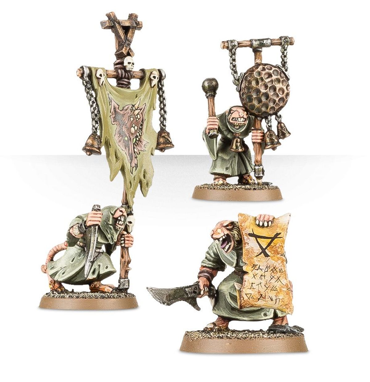 Plague Monks specjaliści - chorąży z zieloną chorągwią z czaszką i łańcuchami, muzyk z Doom Gongiem, Plague Monk z berłem i nożem, champion z Book of Woes - Warhammer Age of Sigmar