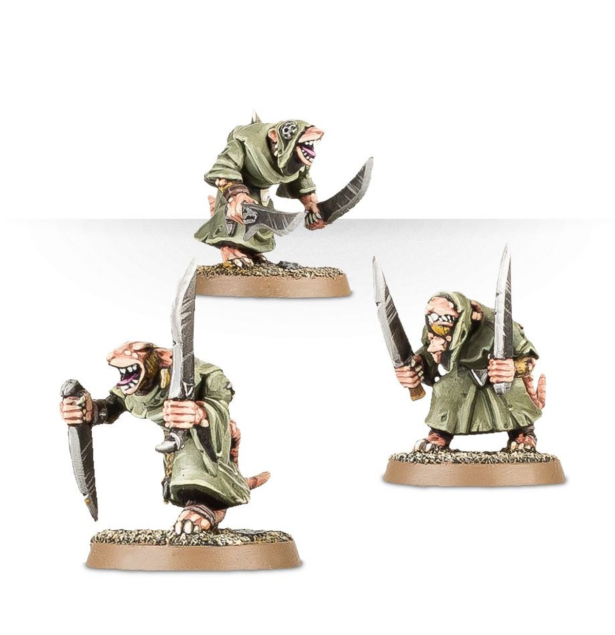Plague Monks z infernal blades - 3 modele Skaven w zielonych szatach z parą noży w dynamicznych pozach ataku - Warhammer Age of Sigmar