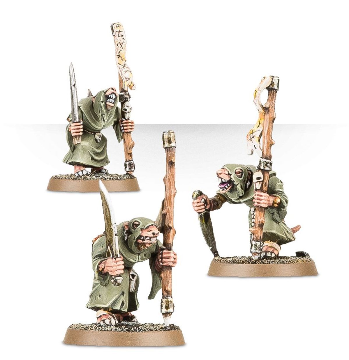 Plague Monks z blade i staff - 3 modele Skaven w zielonych szatach z nożem i drewnianym berłem ozdobionym czaszkami - Warhammer Age of Sigmar